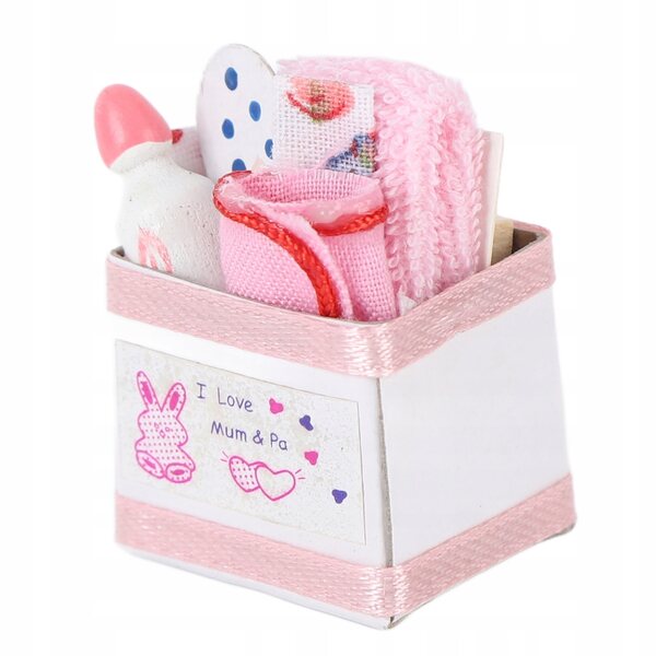 Puppenhaus-Babyspielzeugkiste: Rosa Miniatur zur Dekoration des Puppenhauses im Maßstab 1:12