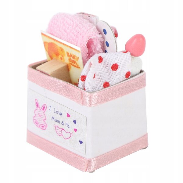 Puppenhaus-Babyspielzeugkiste: Rosa Miniatur zur Dekoration des Puppenhauses im Maßstab 1:12