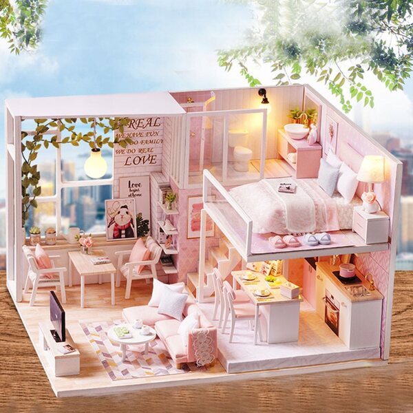 Zalesiony Puppenhaus-Miniatur 1:24 mit LED und hochwertigen Möbeln