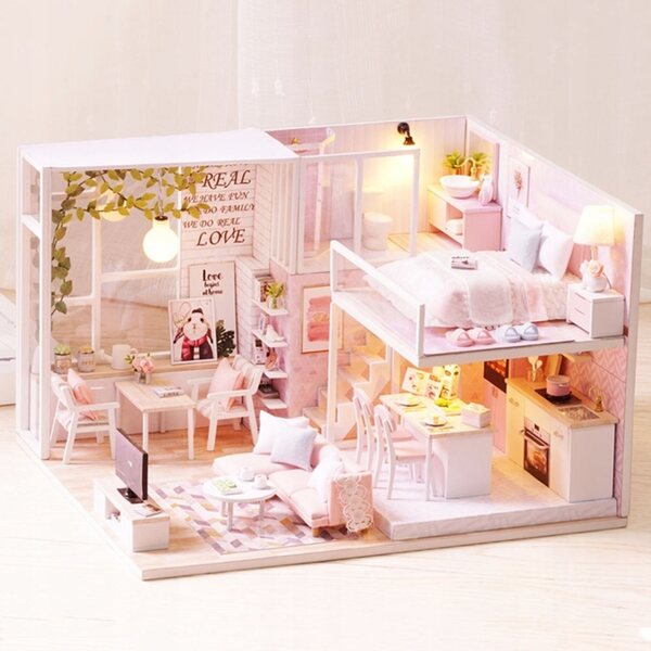 Zalesiony Puppenhaus-Miniatur 1:24 mit LED und hochwertigen Möbeln