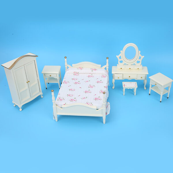 Set 6 pezzi mobili in legno mini per camera da letto casa bambole 1/12