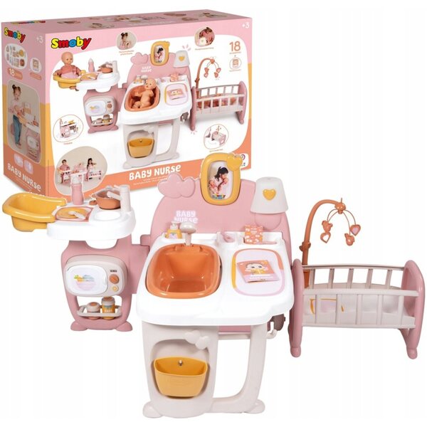 Set cura bambola Smoby Baby Nurse con 19 accessori, casa della babysitter