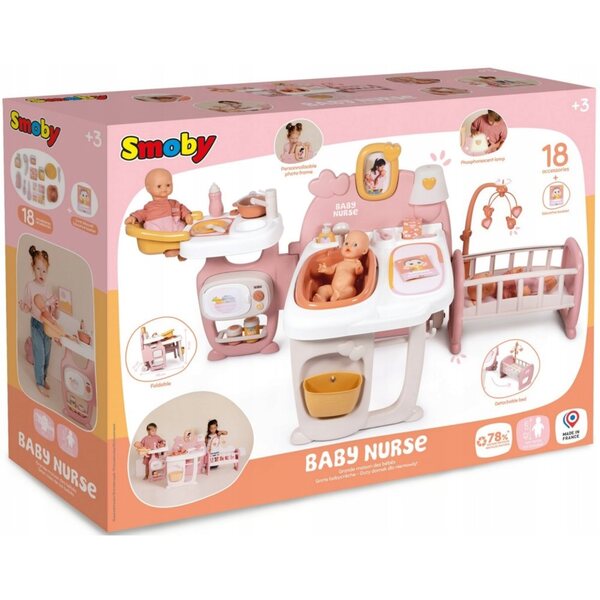 Smoby Baby Nurse Puppenpflegeset mit 19 Zubehörteilen, Babysitterhaus