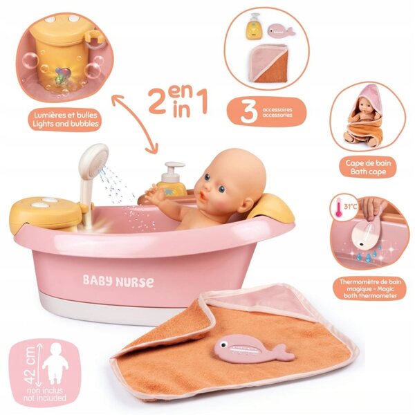 Wanienka Baby Nurse Smoby con Hydromassaggio, LED e Doccia per Bambole 42 cm