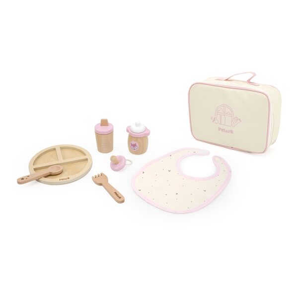 VIGA 7-teiliges Puppenfütterungsset aus Holz mit farbenfrohem Zubehör