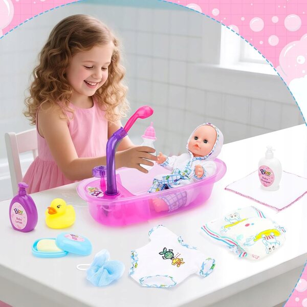 Puppenbadeset mit Wanne, Wasserhahn und komplettem Zubehör