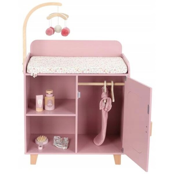 Piccola cassettiera olandese in legno con fasciatoio e accessori per 3+ bambole