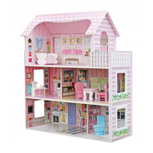 Casa delle bambole XL in legno, rosa, 3 piani con mobili e balcone