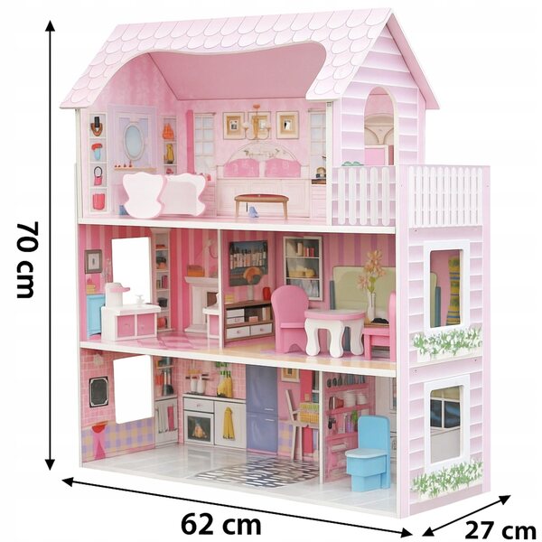 Casa delle bambole XL in legno, rosa, 3 piani con mobili e balcone