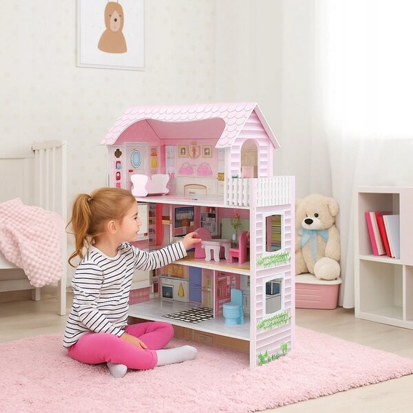 Casa delle bambole XL in legno, rosa, 3 piani con mobili e balcone