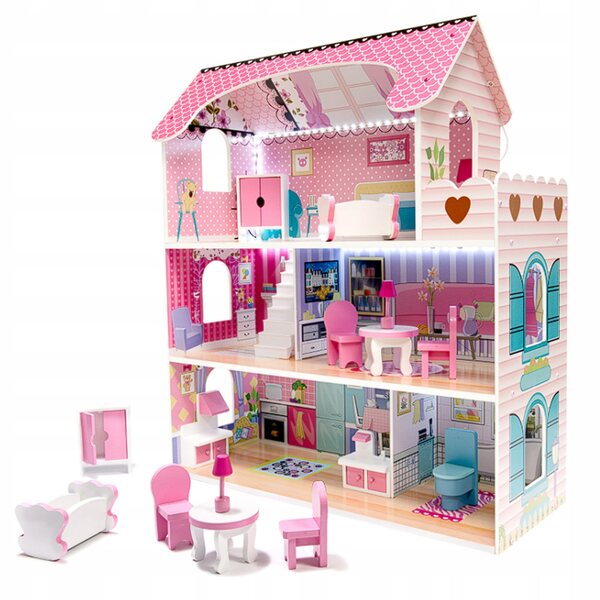 Casa delle bambole in legno con illuminazione a LED, 3 livelli, grande rosa con mobili
