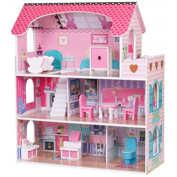 Casa delle bambole in legno con illuminazione a LED, 3 livelli, grande rosa con mobili