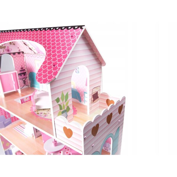 Casa delle bambole in legno con illuminazione a LED, 3 livelli, grande rosa con mobili