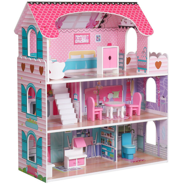 Casa delle bambole in legno con illuminazione a LED, 3 livelli, grande rosa con mobili