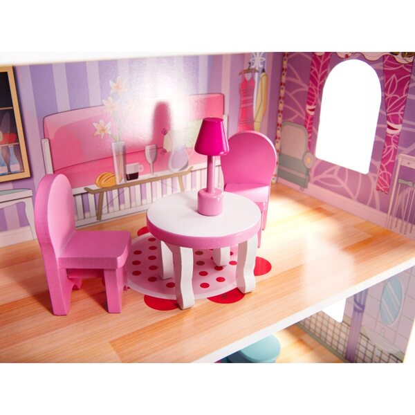 Casa delle bambole in legno con illuminazione a LED, 3 livelli, grande rosa con mobili