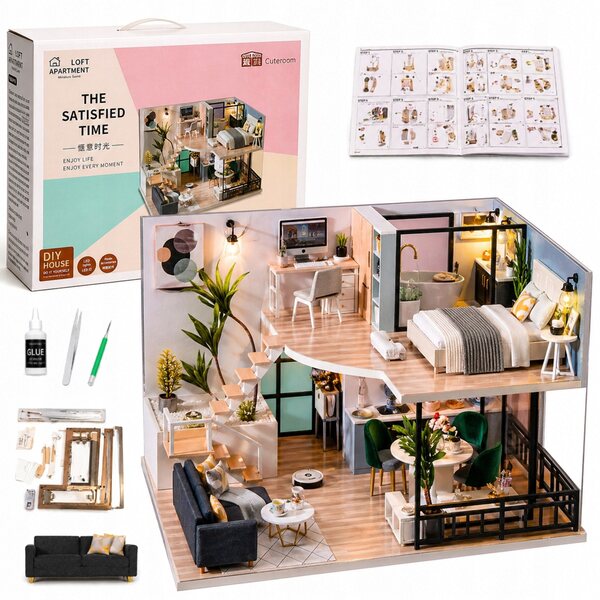 Dollhouse Legno LED a due Piani Retro con Dettagli e Mobili da Montare DIY