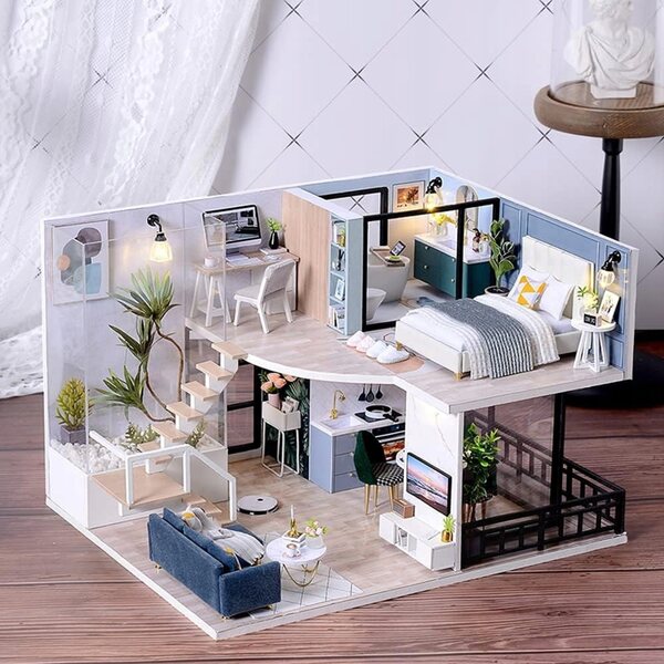 Dollhouse Legno LED a due Piani Retro con Dettagli e Mobili da Montare DIY