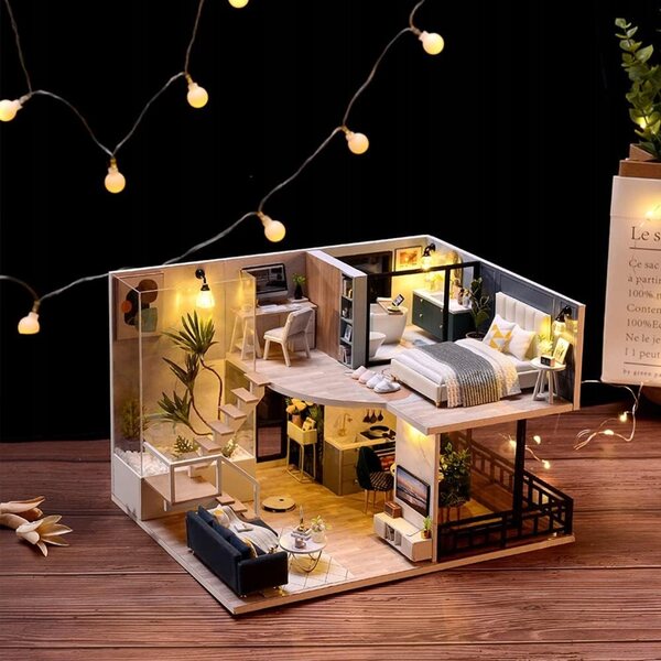 Dollhouse Legno LED a due Piani Retro con Dettagli e Mobili da Montare DIY
