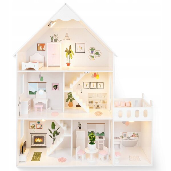 Grande casa delle bambole Kinderplay in legno con LED 118 cm e mobili inclusi