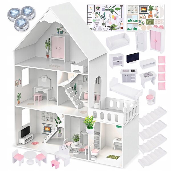 Grande casa delle bambole Kinderplay in legno con LED 118 cm e mobili inclusi