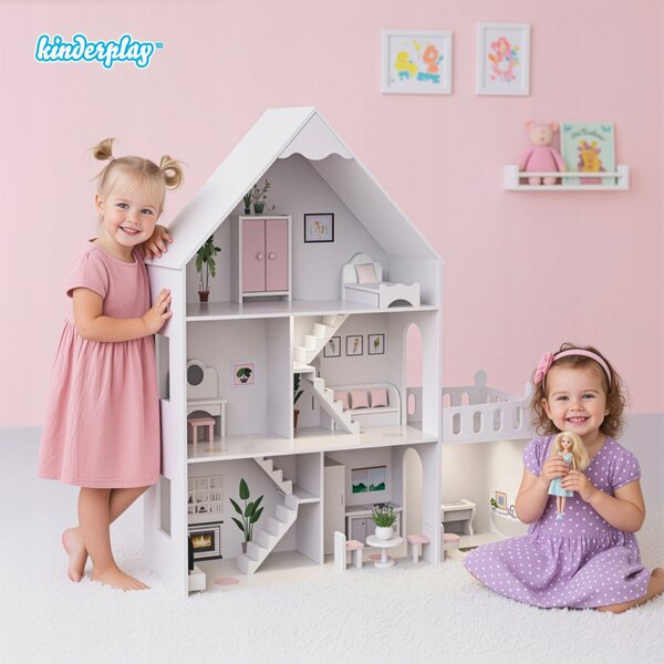 Grande casa delle bambole Kinderplay in legno con LED 118 cm e mobili inclusi