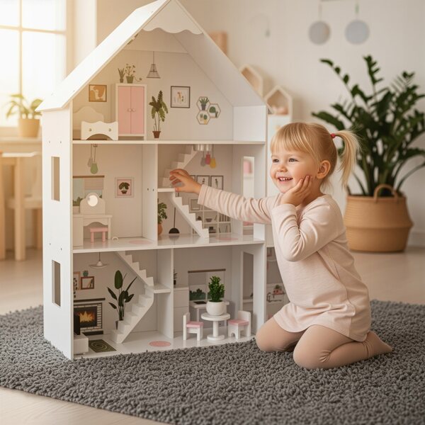 Grande casa delle bambole Kinderplay in legno con LED 118 cm e mobili inclusi