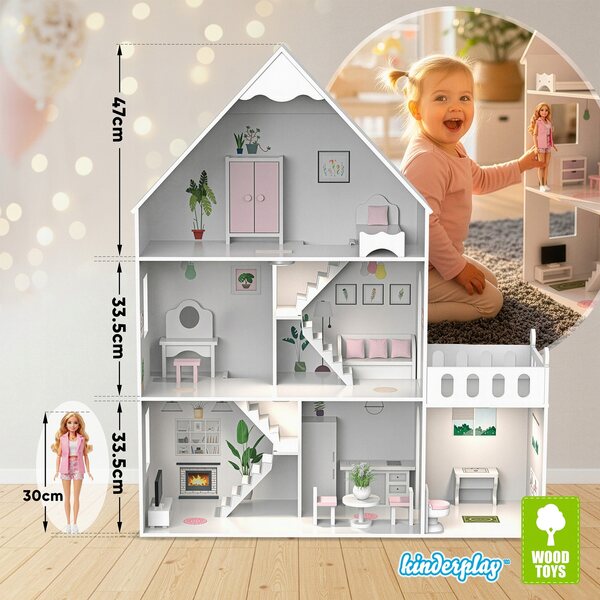 Grande casa delle bambole Kinderplay in legno con LED 118 cm e mobili inclusi