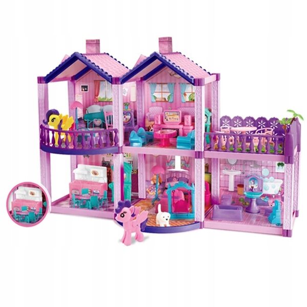 Pony Villa – Großes Puppenhaus mit Möbeln und Figuren, 120 Elemente