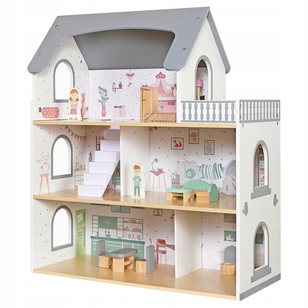 Ein 3-stöckiges XXL-Puppenhaus aus Holz mit Terrasse und 13 Spielzubehörteilen