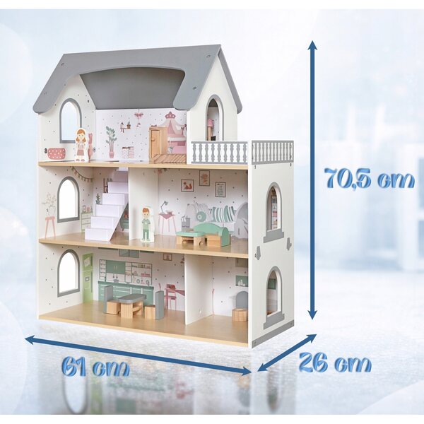 Ein 3-stöckiges XXL-Puppenhaus aus Holz mit Terrasse und 13 Spielzubehörteilen