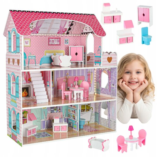 Casa delle bambole rosa da 70 cm con mobili in legno e illuminazione a LED