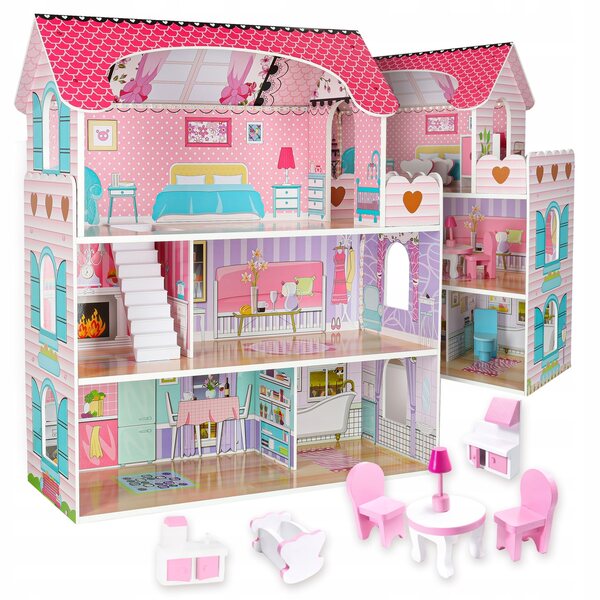 Casa delle bambole rosa da 70 cm con mobili in legno e illuminazione a LED