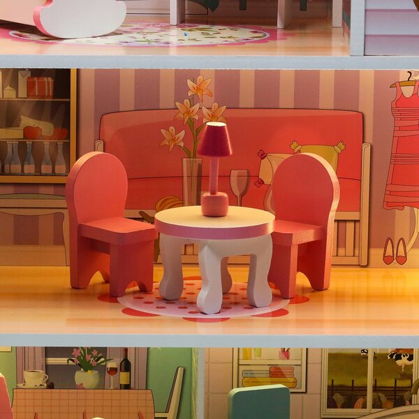 Casa delle bambole rosa da 70 cm con mobili in legno e illuminazione a LED