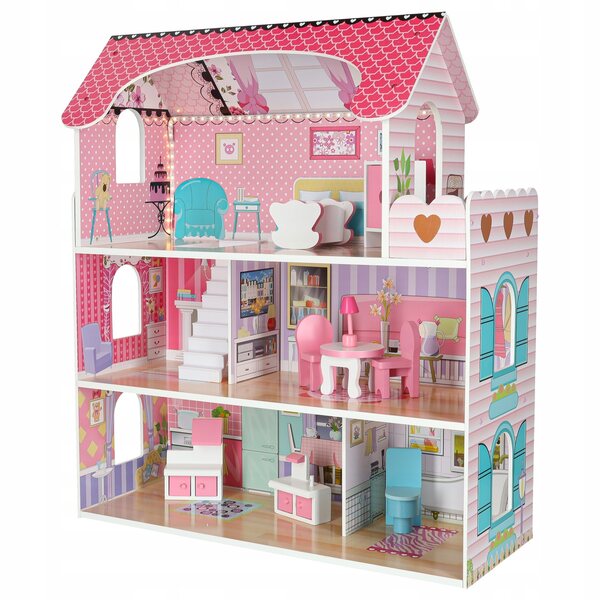 Casa delle bambole rosa da 70 cm con mobili in legno e illuminazione a LED