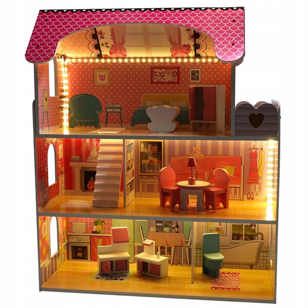 Casa delle bambole rosa da 70 cm con mobili in legno e illuminazione a LED