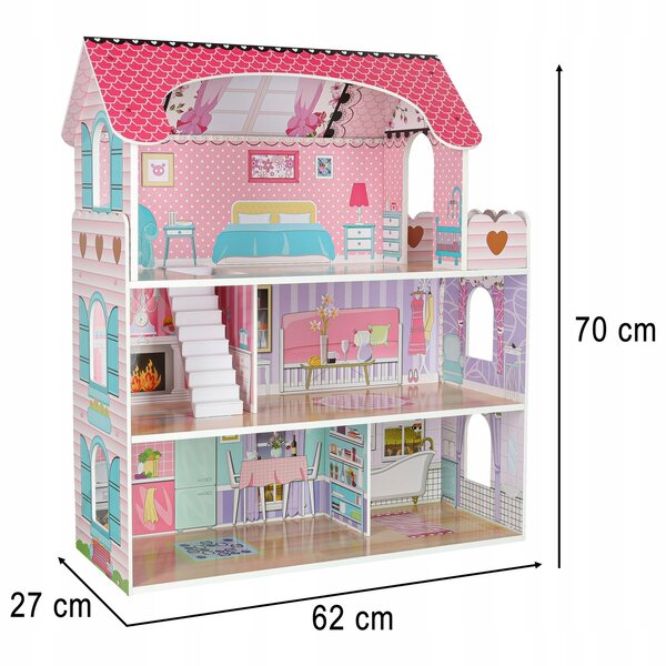 Casa delle bambole rosa da 70 cm con mobili in legno e illuminazione a LED