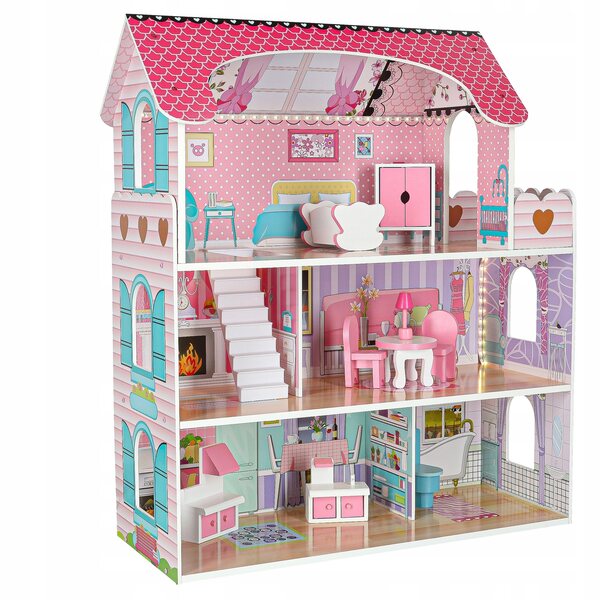 Casa delle bambole rosa da 70 cm con mobili in legno e illuminazione a LED