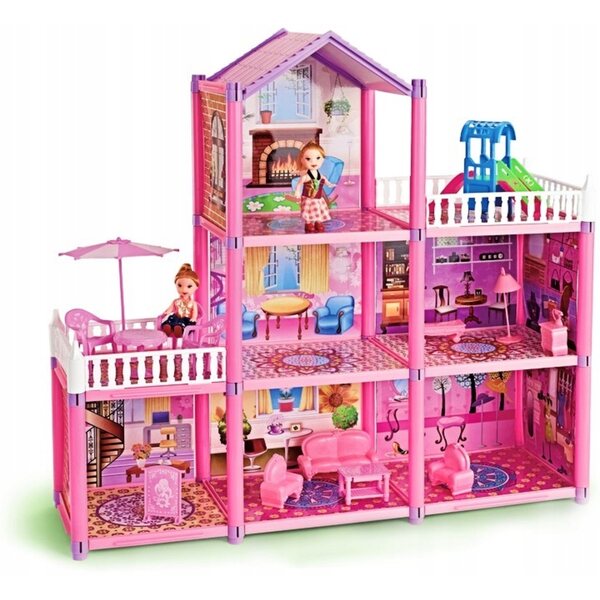 Großes Puppenhaus mit Möbeln und Zubehör – 6 Zimmer, 2 Balkone, 2 Puppen