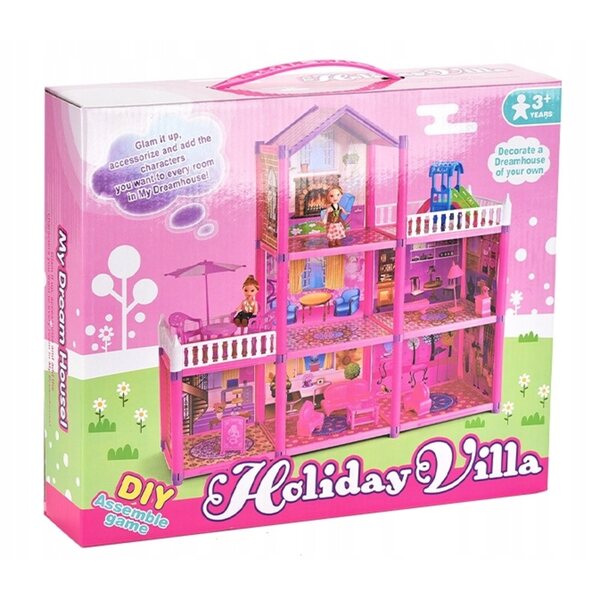 Großes Puppenhaus mit Möbeln und Zubehör – 6 Zimmer, 2 Balkone, 2 Puppen