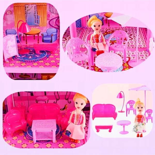 Großes Puppenhaus mit Möbeln und Zubehör – 6 Zimmer, 2 Balkone, 2 Puppen