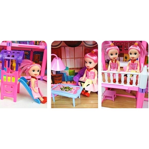 Großes Puppenhaus mit Möbeln und Zubehör – 6 Zimmer, 2 Balkone, 2 Puppen