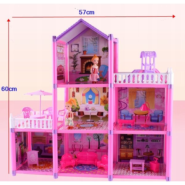 Großes Puppenhaus mit Möbeln und Zubehör – 6 Zimmer, 2 Balkone, 2 Puppen
