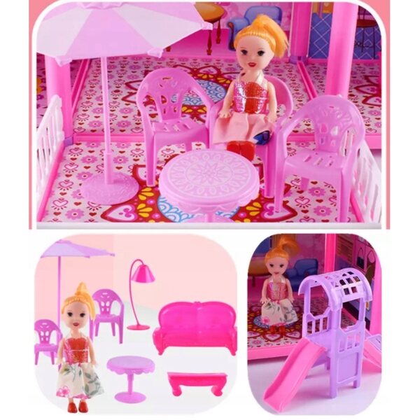 Großes Puppenhaus mit Möbeln und Zubehör – 6 Zimmer, 2 Balkone, 2 Puppen