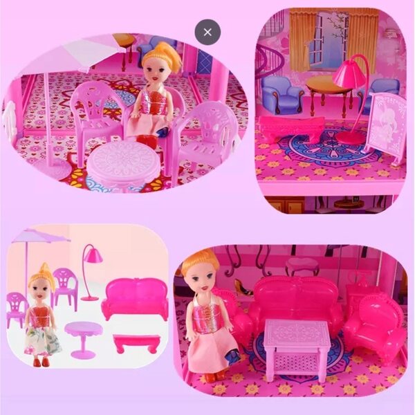 Großes Puppenhaus mit Möbeln und Zubehör – 6 Zimmer, 2 Balkone, 2 Puppen