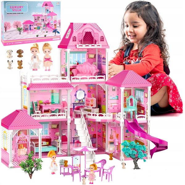 Grande Casa delle Bambole Villa XL con Mobili, Figurine e Terrazze per Bambini