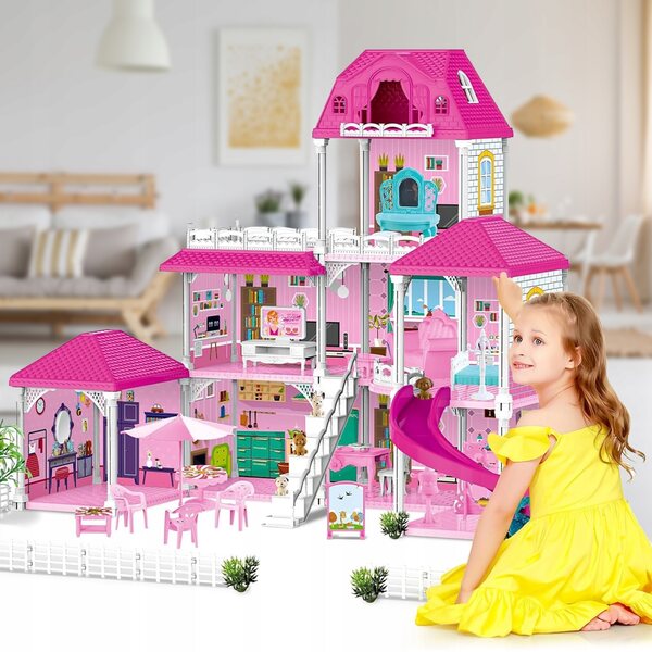 Grande Casa delle Bambole Villa XL con Mobili, Figurine e Terrazze per Bambini