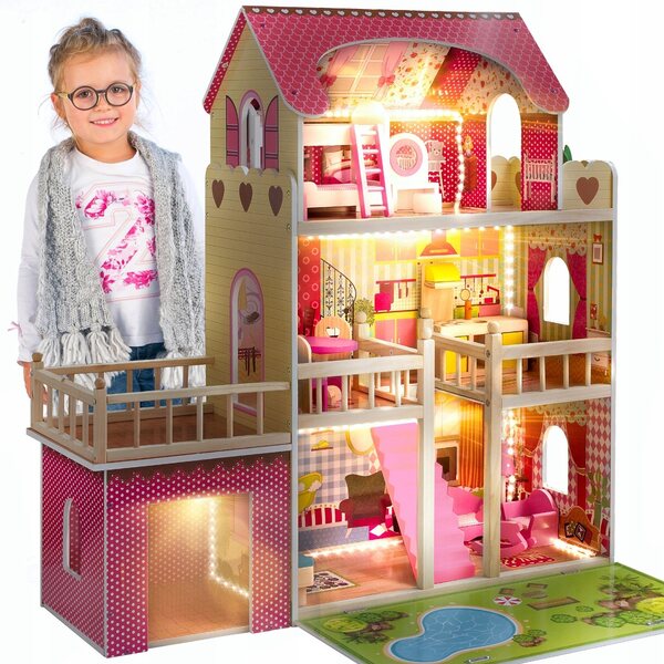 Casa delle bambole in legno Kinderplay GS0020 con illuminazione a LED e garage da 90 cm