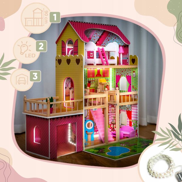 Casa delle bambole in legno Kinderplay GS0020 con illuminazione a LED e garage da 90 cm