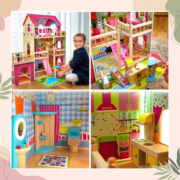 Casa delle bambole in legno Kinderplay GS0020 con illuminazione a LED e garage da 90 cm