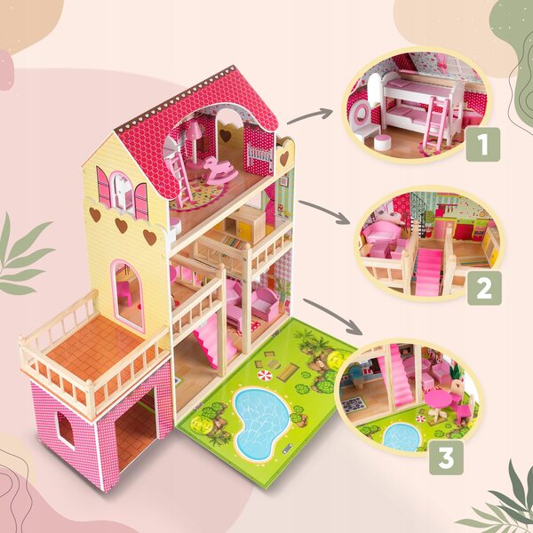 Casa delle bambole in legno Kinderplay GS0020 con illuminazione a LED e garage da 90 cm
